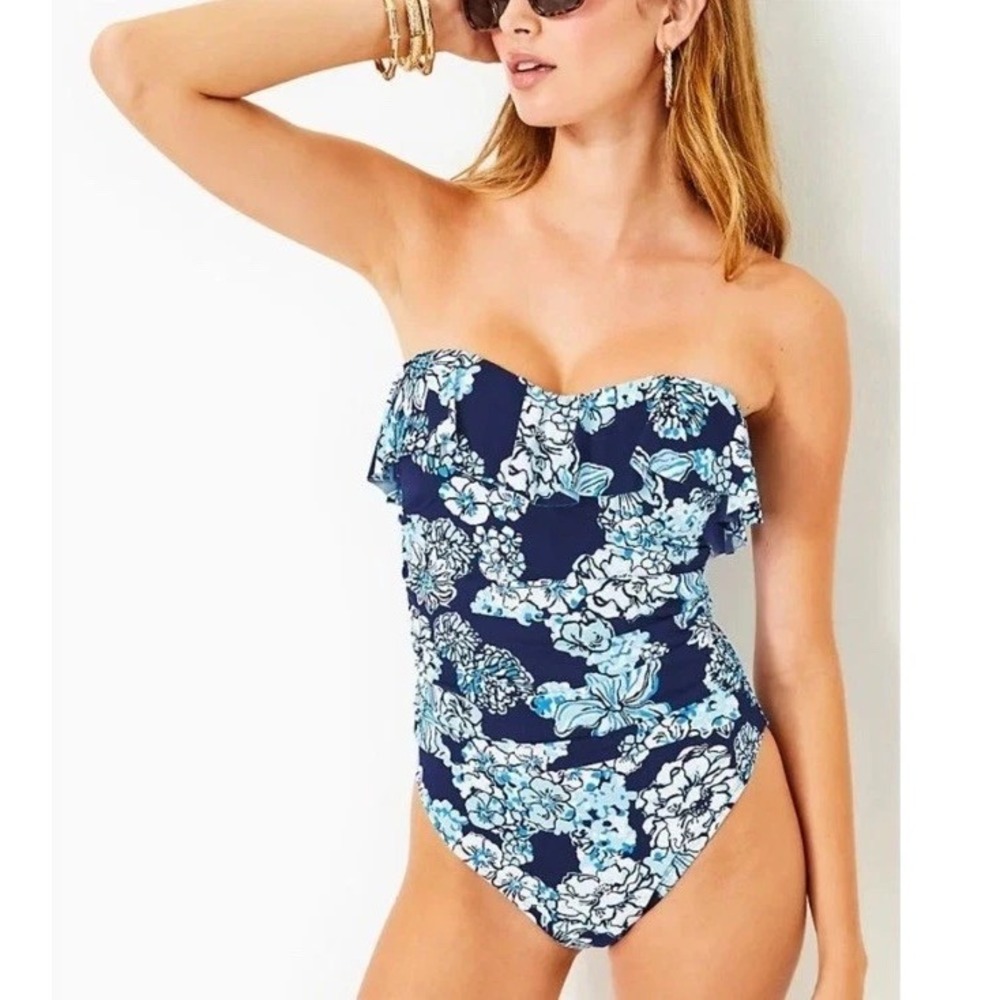 Lilly Pulitzer Rubyann One Piece Floral Ruffle Swimsuit Size 8 Navy Blue